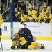 Michigan sophomore defenseman Brennan Serville is hurt in the third period on Saturday. Daniel Brenner I AnnArbor.com